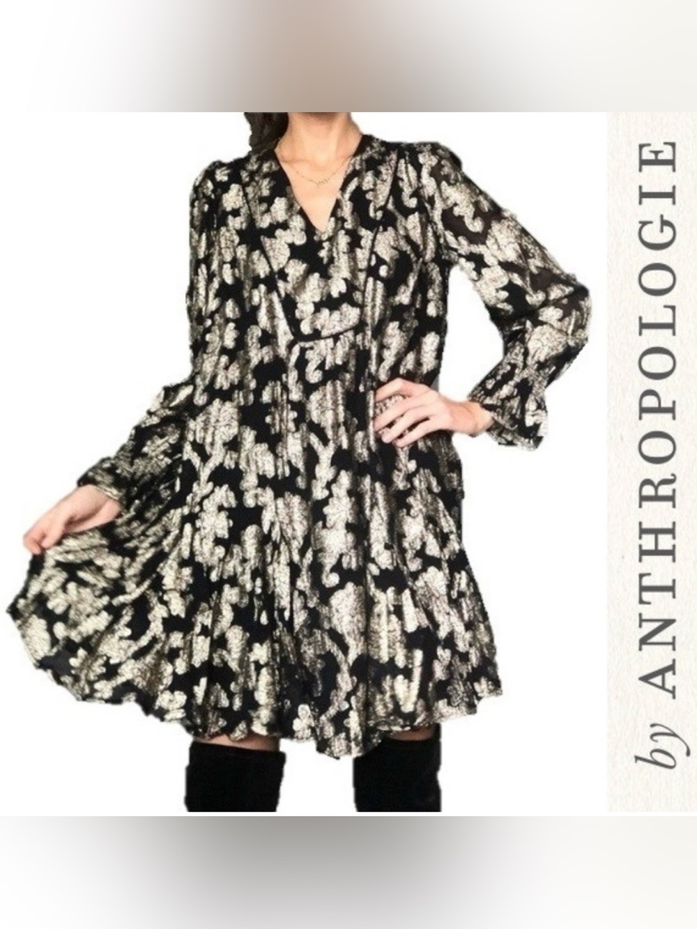 Anthropology Black Metallic Floral Mini Dress - Women's
